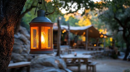 Canvas Print - Illuminated lantern hanging on tree in outdoor cafe setting.