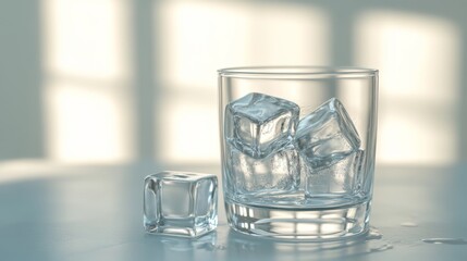 Poster - A detailed shot of a glass of soda with ice cubes, showcasing the fizzing bubbles, with light shining through the glass and a clean, simple background