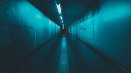 Poster - A dimly lit subway tunnel with smooth concrete walls and track rails leading into the distance, illuminated by soft lights along the walls, creating a mysterious atmosphere