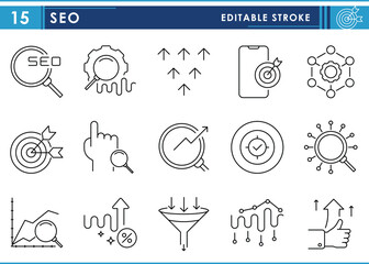 Leinwandbilder - A set of line icons related to SEO. Search engine optimization, Lens, target, business, graph, research, analysis, and so on. Vector editable stroke.