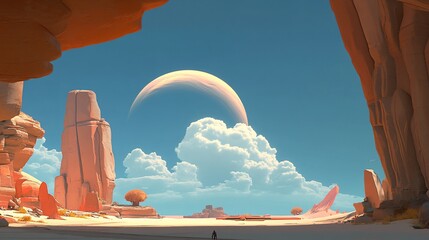 Poster - Alien planet desert landscape with rock formations and a large moon.