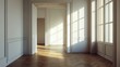 © mochalfin - Sunlit empty apartment hallway, hardwood floor, Parisian style, real estate