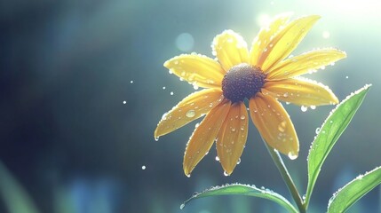 Poster - A fresh yellow flower with dew-covered petals, captured in the early morning light, with droplets delicately hanging from each petal