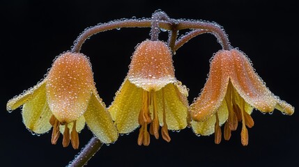 Poster - A fresh yellow flower with dew-covered petals, captured in the early morning light, with droplets delicately hanging from each petal