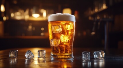 Aufkleber - A frosty beer glass filled with ice, set against a dark background with soft lighting emphasizing the transparency of the ice cubes and the golden beer
