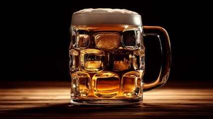 Aufkleber - A frosty beer glass filled with ice, set against a dark background with soft lighting emphasizing the transparency of the ice cubes and the golden beer