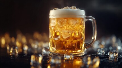 Aufkleber - A frosty beer glass filled with ice, set against a dark background with soft lighting emphasizing the transparency of the ice cubes and the golden beer