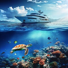 Wall Mural - tropical beach, yacht and coral reef underwater