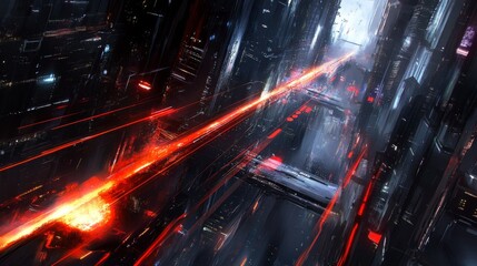 Fototapete - A futuristic cityscape with streaking lights and glowing lines stretching across buildings, symbolizing high-speed light travel within an advanced urban setting