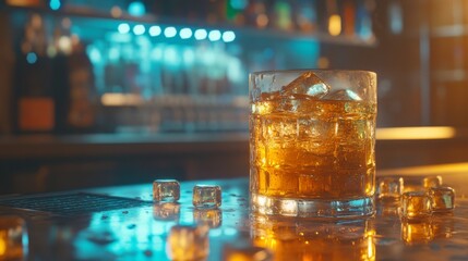 Poster - A glass of beer with ice, sitting on a bar counter with reflections from the ice cubes and golden liquid, creating a refreshing and inviting atmosphere