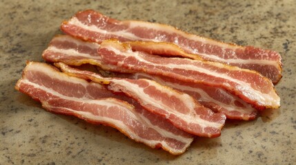 Poster - A group of bacon strips freshly cooked, laid out on a kitchen counter, surrounded by a faint mist of steam, capturing their golden, crispy appearance