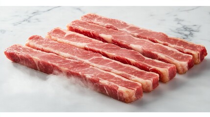 Poster - A group of bacon strips freshly cooked, laid out on a kitchen counter, surrounded by a faint mist of steam, capturing their golden, crispy appearance