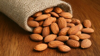 Poster - A group of raw almonds spilling out from a burlap sack, with some scattered on a wooden surface, captured in natural light for a warm, earthy feel
