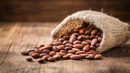 Poster - A group of raw almonds spilling out from a burlap sack, with some scattered on a wooden surface, captured in natural light for a warm, earthy feel