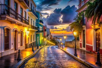 Wall Mural - Old San Juan Puerto Rico Night Long Exposure Photography - Vibrant Cityscape