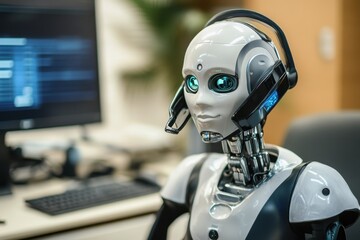 Poster - Robot assistant at a modern office setting engaging in customer support tasks