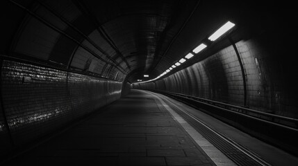 Poster - A long perspective shot of an empty subway tunnel, with illuminated track rails and smooth, curved walls, capturing the quiet and emptiness of the space