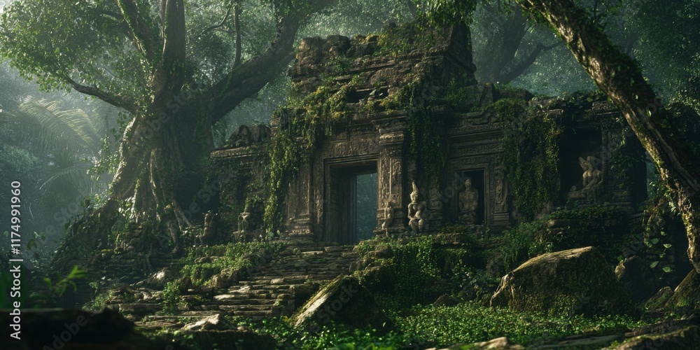 A mysterious ancient temple hidden deep in a lush green jungle. Natural ...