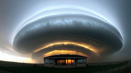 Poster - House under a massive, dramatic shelf cloud at sunset.