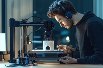 Poster - Young man focused on 3D printing project in a modern workspace at night