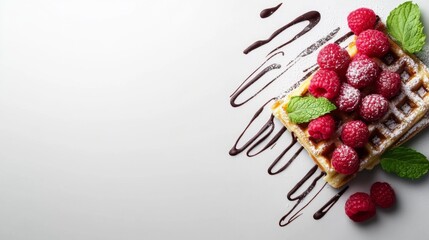 Poster - A minimalist flat lay of a waffle topped with raspberries, chocolate drizzle, and mint leaves, presented on a light grey background with elegant composition.