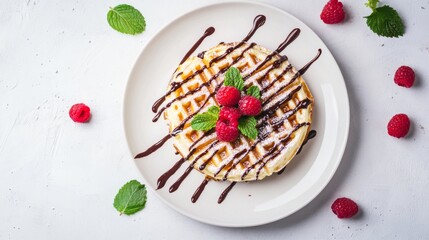 Poster - A minimalist flat lay of a waffle topped with raspberries, chocolate drizzle, and mint leaves, presented on a light grey background with elegant composition.