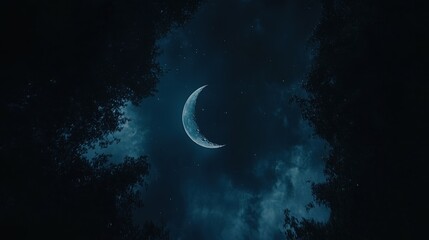 Wall Mural - a crescent moon glows in a dark blue night sky peeking through silhouettes of trees. ideal for fanta