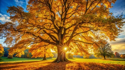  Panoramic Autumn Hickory Nut Tree Landscape - Golden Leaves & Sunlight