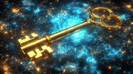 Wall Mural - Golden Key on Glowing Cosmic Background