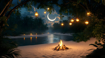 Wall Mural - Campfire on a sandy riverbank surrounded by lush tropical trees, glowing lanterns hanging from branches and gentle ripples on the water under a crescent moon