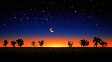 Wall Mural - a serene twilight landscape with a crescent moon and starry sky. ideal for peaceful backgrounds, med