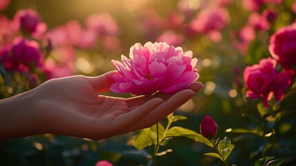 Poster - Hand holding a pink peony in a garden at sunset.