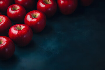 Wall Mural - Ripe red apple draped on the edge on bllack background. concept background