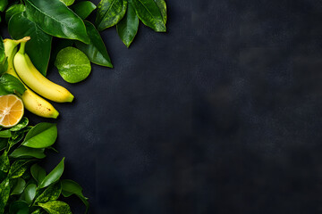 Wall Mural - Fresh bananas draped on the edges, Black background with copy space, concept background for commercial and healty fruits