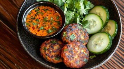 Wall Mural - A plate of crispy Thai fish cakes with dipping sauce, garnished with fresh cilantro and cucumber slices, capturing the fried golden texture and bold flavors