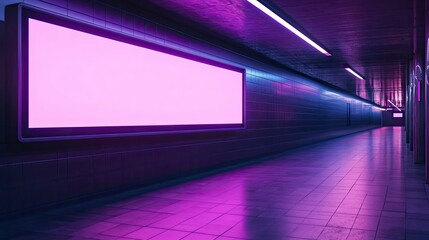 Poster - Pink illuminated billboard in a purple subway tunnel