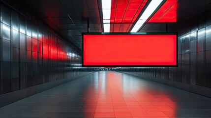 Poster - Red illuminated billboard in a modern subway corridor