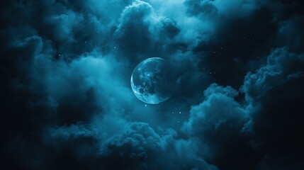 Wall Mural - a mystical teal moon partially hidden by dark clouds. ideal for fantasy, sci-fi, or atmospheric proj