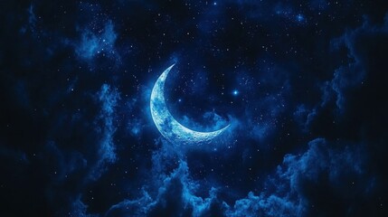 Wall Mural - a vibrant blue crescent moon shines brightly amidst a starry night sky with wispy clouds. ideal for 
