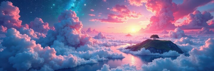 Wall Mural - Ethereal watercolor washes, swirling nebulae, floating islands , vibrant, digital, abstract