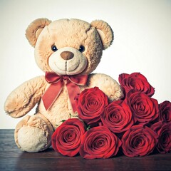 Wall Mural - teddy bear with roses