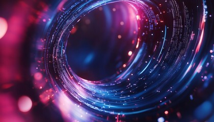 Fototapete - Futuristic holographic interface with flowing data lines in vibrant blue, red, and purple hues