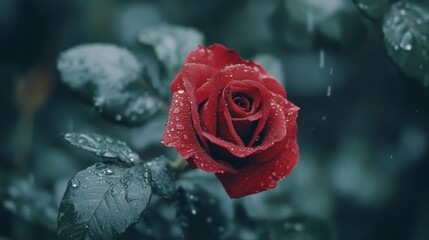 Poster - A red rose with water droplets surrounded by green leaves, photographed in soft natural light to enhance its vibrant color