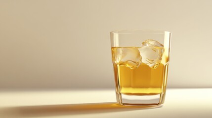 A refreshing glass of beer with ice cubes, the golden liquid glowing against the clear glass, with soft light and a simple background that emphasizes its cool appearance