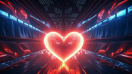 Aufkleber - Neon Heart in the Digital Void: A glowing, pulsating heart illuminated in a futuristic, neon-lit hallway. The abstract imagery evokes feelings of hope, love, and connection in the digital realm.