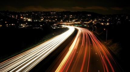 Poster - An aerial view of a well-lit highway stretching across the city, with cars creating light trails.