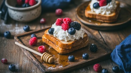 Poster - A rustic presentation of honey toast served with a side of whipped cream and fresh berries, placed on a wooden table with a small honey dipper for a cozy touch.