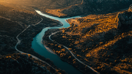 Wall Mural - a river runs through a forest with a road running alongside it