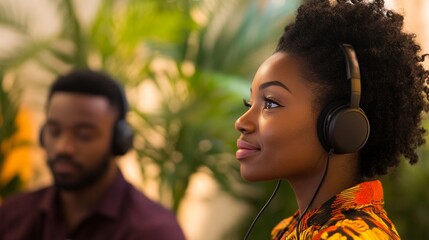 Wall Mural - Young woman with natural curly hair wearing vibrant African print clothing and wireless headphones enjoys music with serene expression against blurred tropical background.