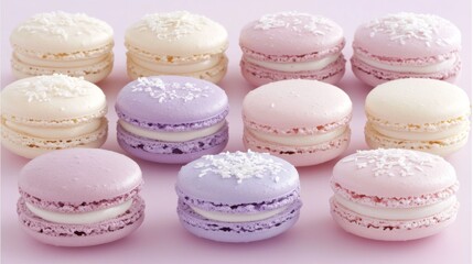 Poster - A set of macarons in pastel shades placed in a grid pattern on a light pink background, creating a pleasing visual contrast of colors and textures.